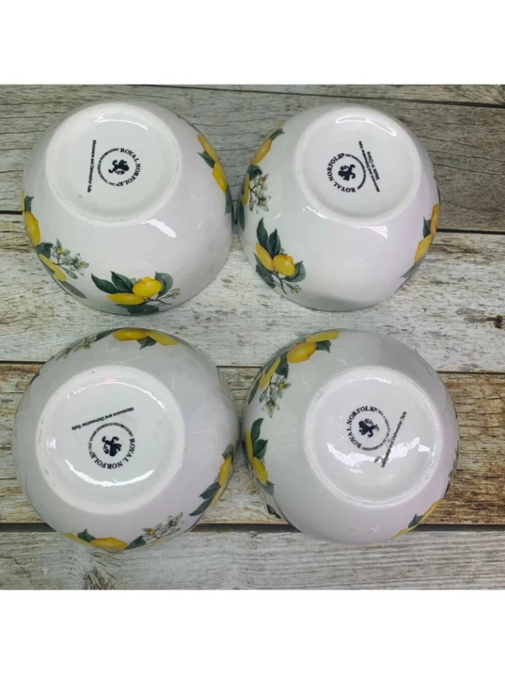 Royal Norfolk LEMON Branch Yellow Green Smooth Stoneware Soup Cereal Bowls Set 4